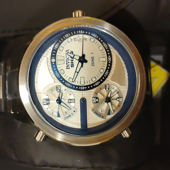 Invicta Shaq NWT 53mm Navy Blue/Silver Dial Tri Time Bracelet Watch